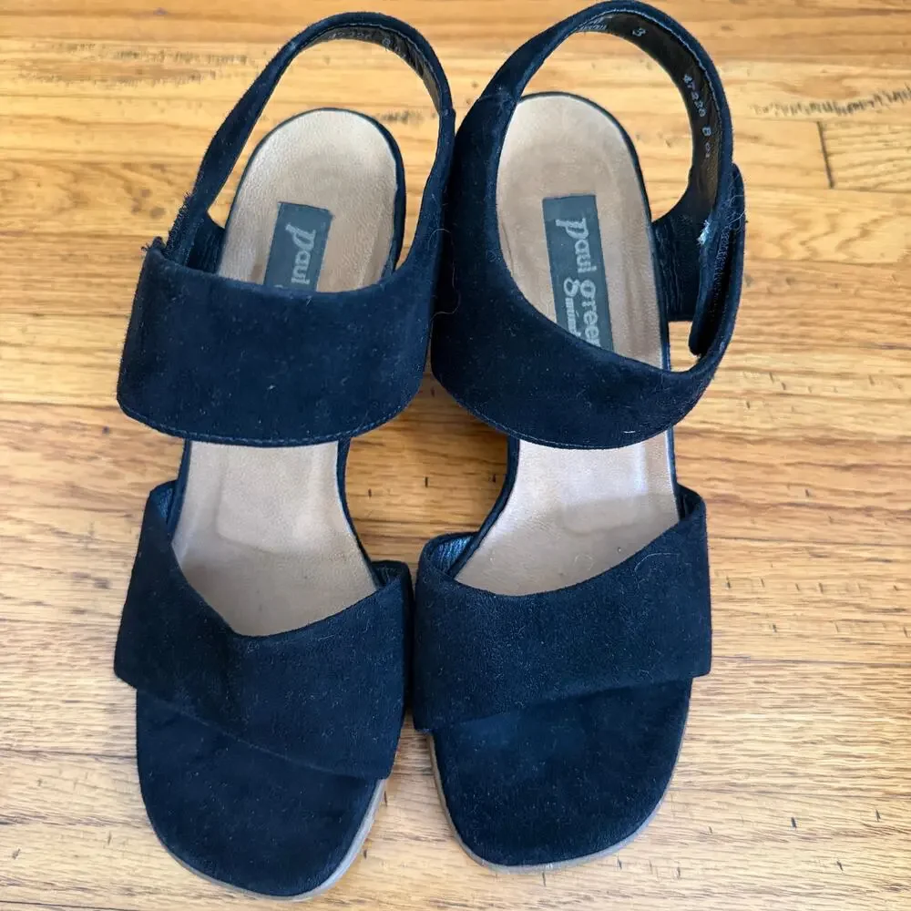 PAUL GREEN | Black Suede Hollis Strap Sandal Block Heels | US Size 5.5 UK Size 3
